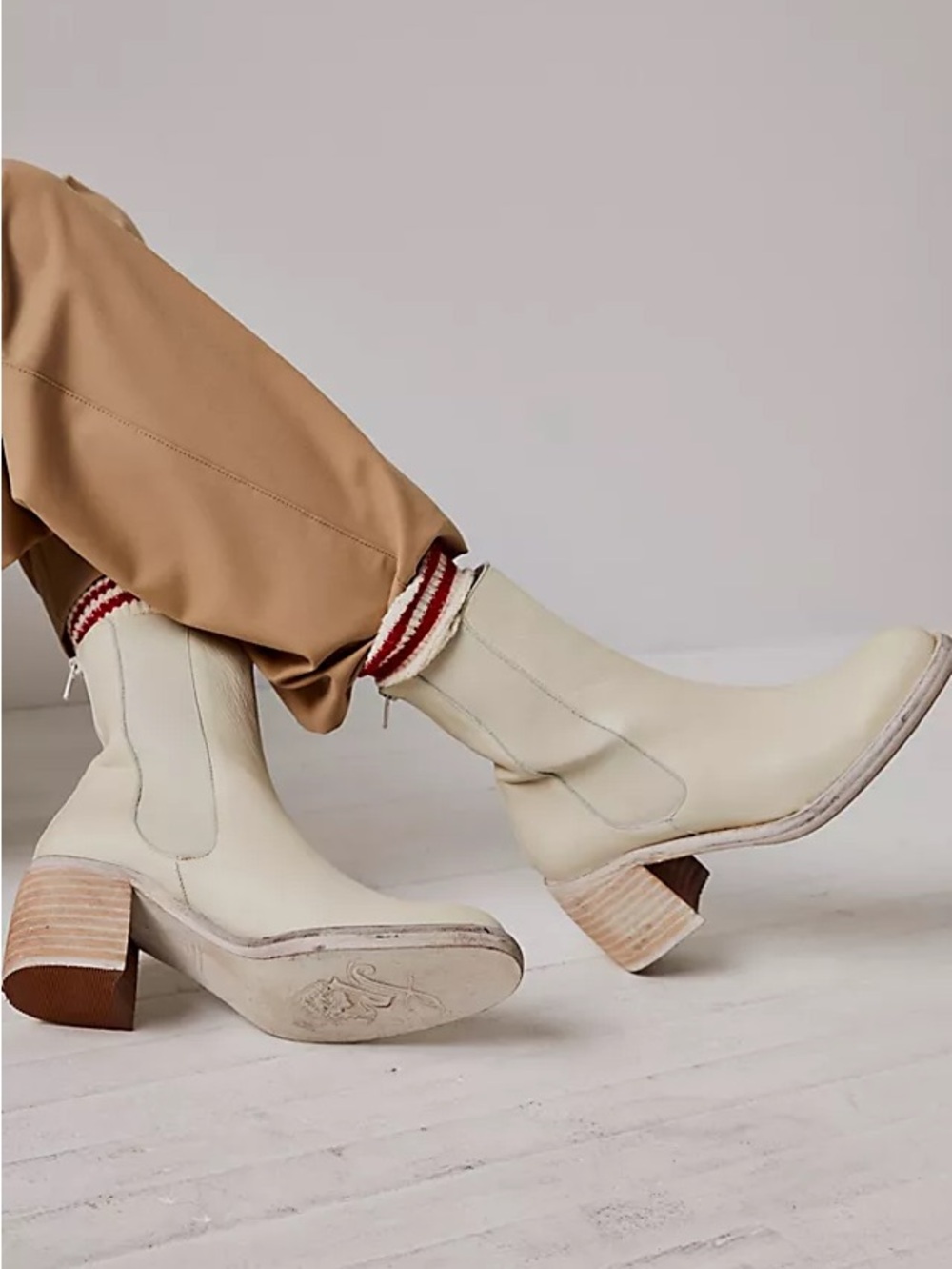 Free People Cream Leather Mid-Calf Block Heel Boots